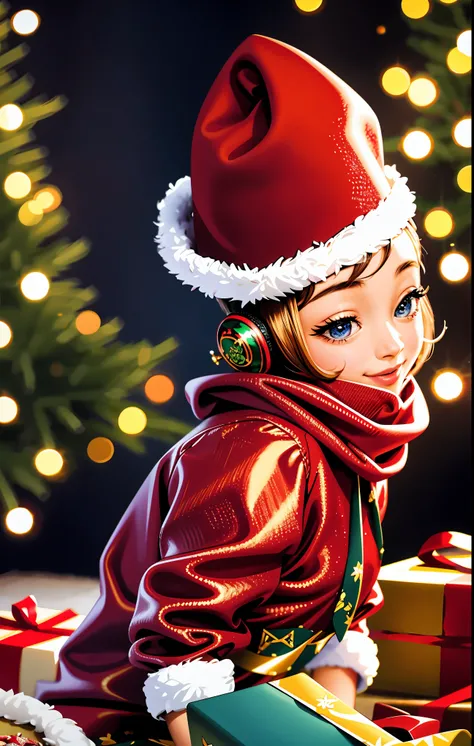 (best quality,4k,8k,highres,masterpiece:1.2),ultra-detailed,realistic,gifts,table,Christmas tree,decorations,wrapping ,bows,ribbon,presents,holiday spirit,vibrant colors,warm lighting,cozy atmosphere,toys,cards,candles,snowflakes,joyful,celebration,exquisi...