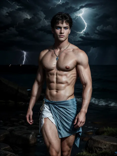 ((masterpiece)),((best quality)),8k, high detailed, ultra-detailed, Stylish Pose, real skin texture, dark cinematic lighting, 18-year-old italian male model, handsome, cute looking, divine look, (powerful light blue eyes:1.6), (Poseidon god:1.4), (god of t...