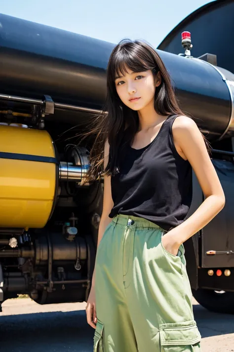 Beautiful girl standing in front of an oil tank truck、(18year old)、summer clothing、A dark-haired、japanes、Doya face、Half Cargo Pants、tall、There is wind、