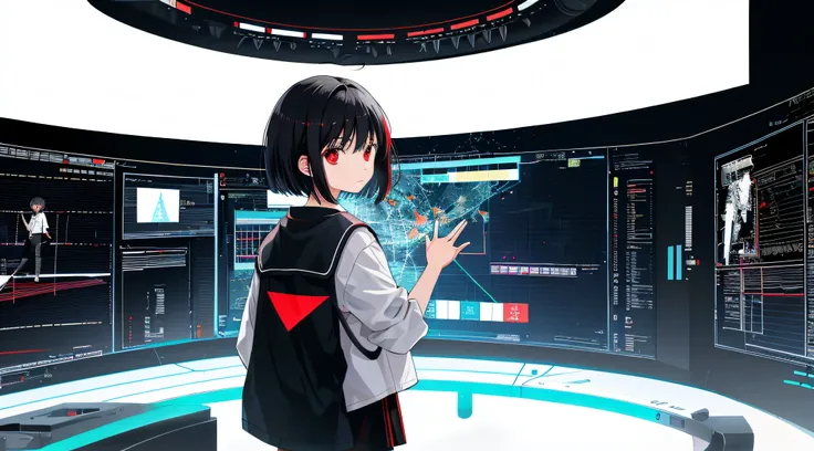 1girl, black hair, red eyes, white shirt, black short pants, standing in front of hologram monitor, facing backside of the viewer, looking at monitor, black solid background