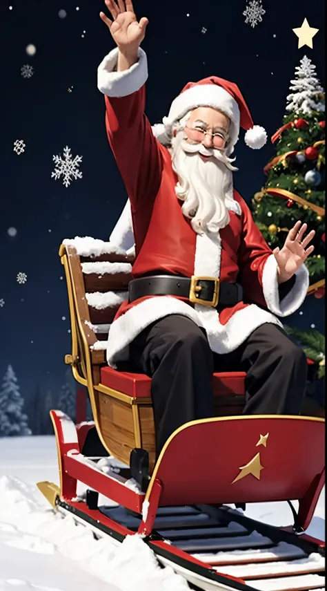 Christmas　santa claus　A smile　Ride on a sled and wave　extremely detailed photo