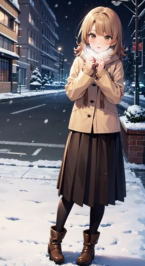 Isshiki Roha,Long Straight, brown haired, ，Brown-eyed, long court，muffler，Sweaters，long  skirt，Brown short boots black pantyhose king，red blush，In the street，Cold sky，Its snowing，Solo，