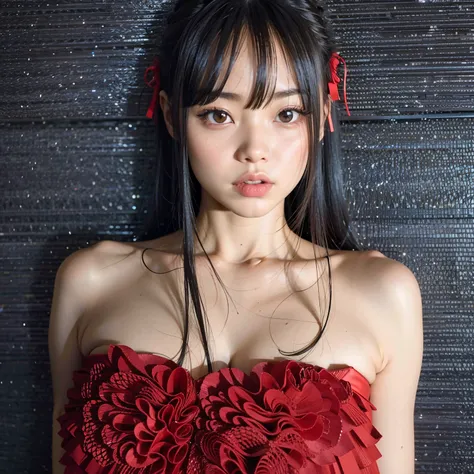 There is a woman in a red dress posing for a photo, aoi ogata |, Causas Yasumoto, japanese model, Pegue a Zona, Shikami, Kiyoko Suzuki, Yukii Morita, com franja completa, O corte Hime, Sui Ishida com cabelo preto, Marinheiro Kitagawa, jennie blackpink, Sha...