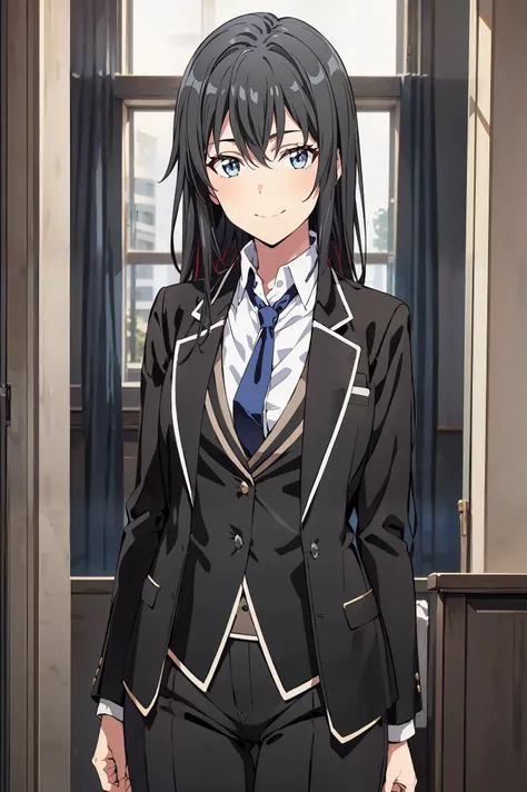 yukinoshita yukino ,woman in formal attractive tailcoat standing in a large alcove in the room , 1girl, solo, blue necktie, blac...