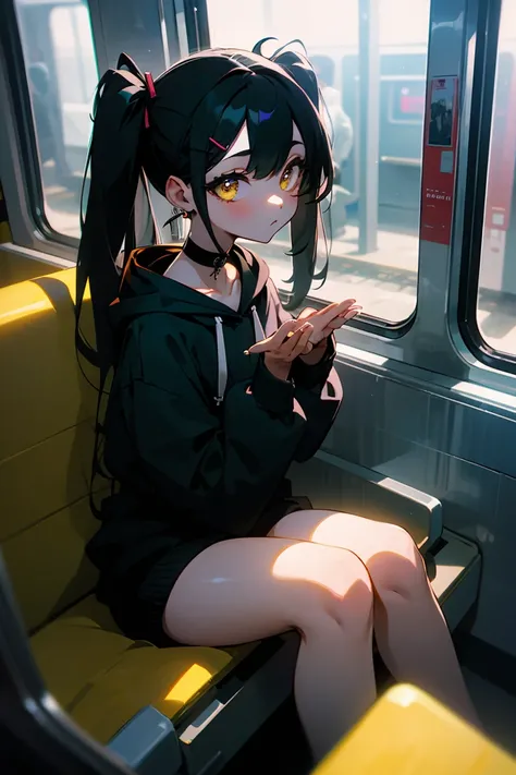 (masterpiece, best quality, 4k, insane details, pastel, 1girl), long black hair, long twintails, cute hair pins, yellow eyes, choker, wearing a long black hoodie that covers her thighs, oversize clothes, sitting inside a train, leaning on the train window,...