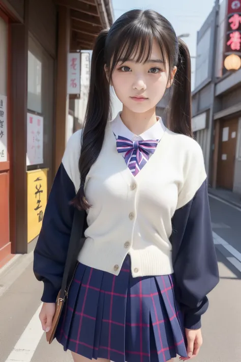 Girl in uniform cardigan for photo, Two beautiful Japan girls、 14years、Neon Street Stand、, gorgeous  japanese model, long twintail、Diamond necklace、耳Nipple Ring、Lovely woman, goddess of Japan, Gorgeous young Japan woman, a japanese girl, Junior high school...