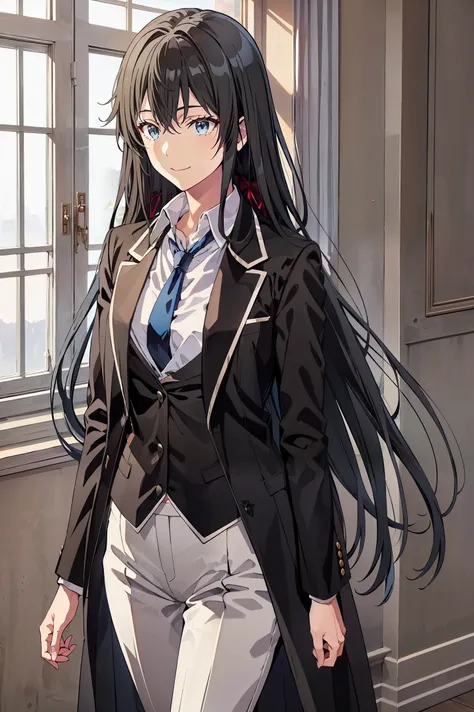 Yukinoshita yukino ,woman in formal attractive tailcoat standing in a large alcove in the room , 1girl, solo, blue necktie, black hair, blue eyes, long hair, smile , collared shirt, white pants, white shirt , tailored tailcoat elegant , standing in front o...