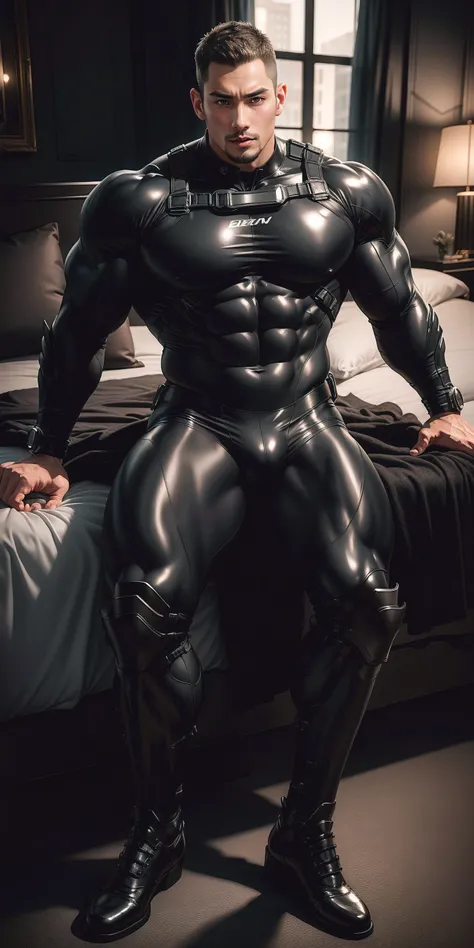 A tall muscular man with his mouth open lies sleeping，He opened his mouth wide，character  design（Resident Evil - Chris Redfield，Chris Redfield）Wearing a shiny dark gray wetsuit，The whole body is wrapped，High-end leather texture，Regular symmetrical texture ...