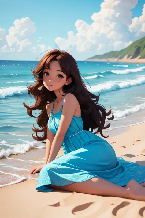 girl with blue sundress with long curly hair lying on the beach