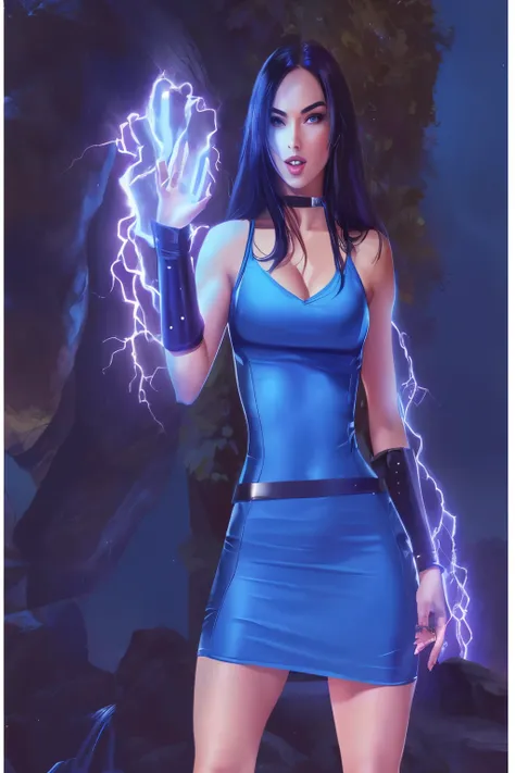 (Top Quality, 8k), A beautiful young woman with long straight black hair, blue eyes, wearing a short blue dress, very tight dress, shoulders showing, black bracelet on her arms, beautiful thighs, holding rays and lightning in her hand, Description ultra-th...