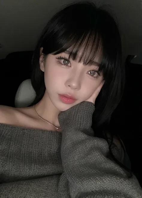 Arafed woman with black hair and a sweater sitting in a car., ulzzang, Jinyoung Shin, chica linda-fina-cara, Chica coreana, Ella tiene el pelo negro con flequillo, con flequillo, Cabello limpio con flequillo, Jaeyeon Nam, 🤤 girl portrait, pale round face, ...