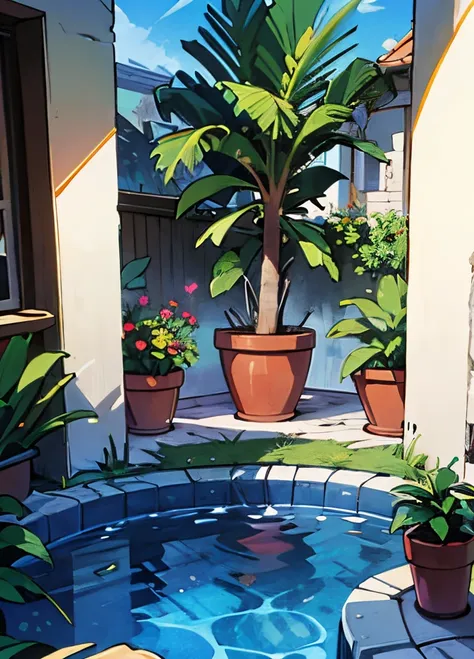 piscina brilhante e linda, plantas ao redor.  patio de uma casa com grama. fundo do anime. manga page