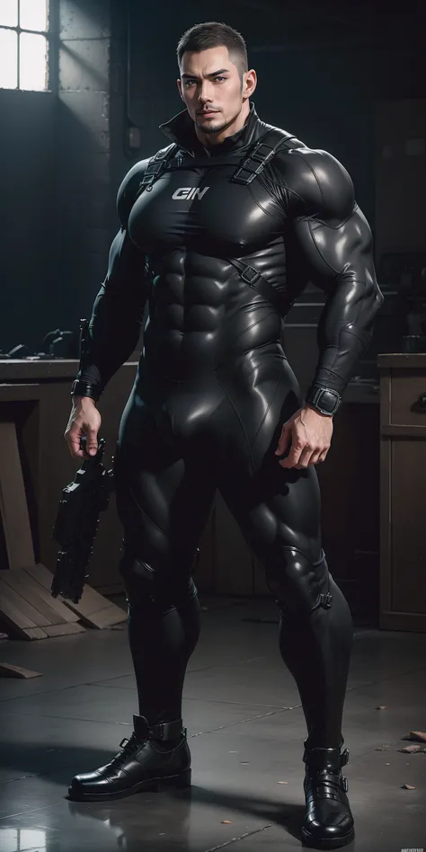 a hoge, The two-meter-tall muscular man opened his mouth and shouted.，He opened his mouth wide，character  design（Resident Evil - Chris Redfield，Chris Redfield）Wearing a shiny dark gray wetsuit，The whole body is wrapped，High-end leather texture，Regular symm...