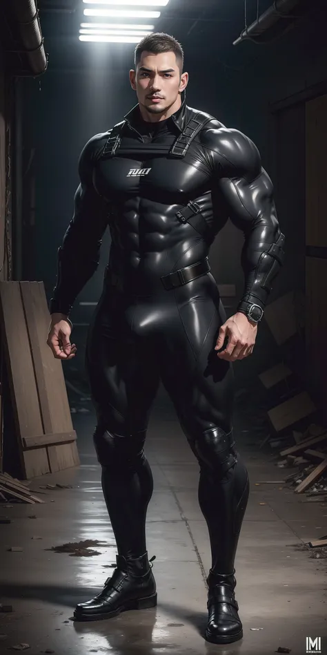 a hoge, The two-meter-tall muscular man opened his mouth and shouted.，He opened his mouth wide，character  design（Resident Evil - Chris Redfield，Chris Redfield）Wearing a shiny dark gray wetsuit，The whole body is wrapped，High-end leather texture，Regular symm...