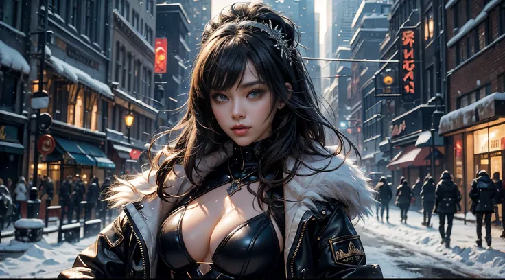 tmasterpiece，quality，Best quality，offcial art，（Beauty and aesthetics：1.2），（tmasterpiece：1.3），The cities of the future，cyber punk personage，one-girl，Fur coat，did not wear underwear，Sexy figure，looking at the camera in，（closeup cleavage：1.8），volume fog，snow ...