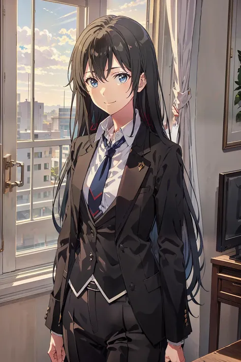 yukinoshita yukino ,woman in formal attractive tailcoat standing in a large alcove in the room , 1girl, solo, blue necktie, blac...