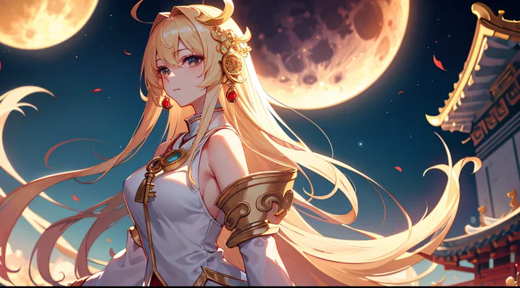 Masterpiece, best quality, Gigantic Key staff, Full Blood Moon, White headphone, blonde, Korean, beautiful face, tall, slender, goddess of the moon, detailed face, moon temple, full body