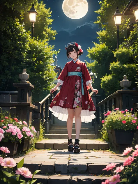 Best quality at best, tall_settle, distinct_Image of a, detailedbackground ,girl, Hanbok,florals,trpical garden,themoon, the night,holland angle, wide wide shot, diadems,