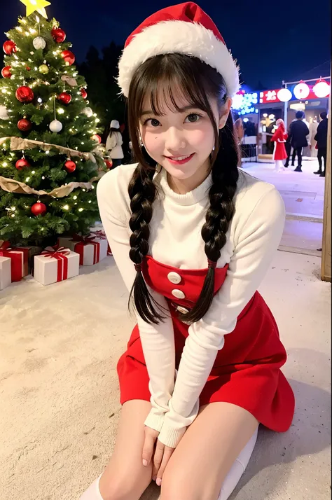 girl standing in snowing white Christmas street at night,snowy,long-sleeved red santa claus flare dress,santa claus hat,white leggings,Christmas tree,18-year-old,bangs,a little smile,thighs,crotch,knees,low poneytail