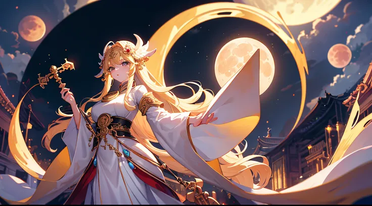 Masterpiece, best quality, Gigantic Key staff, Full Blood Moon, White headphone, blonde, Korean, beautiful face, tall, slender, goddess of the moon, detailed face, moon temple, full body