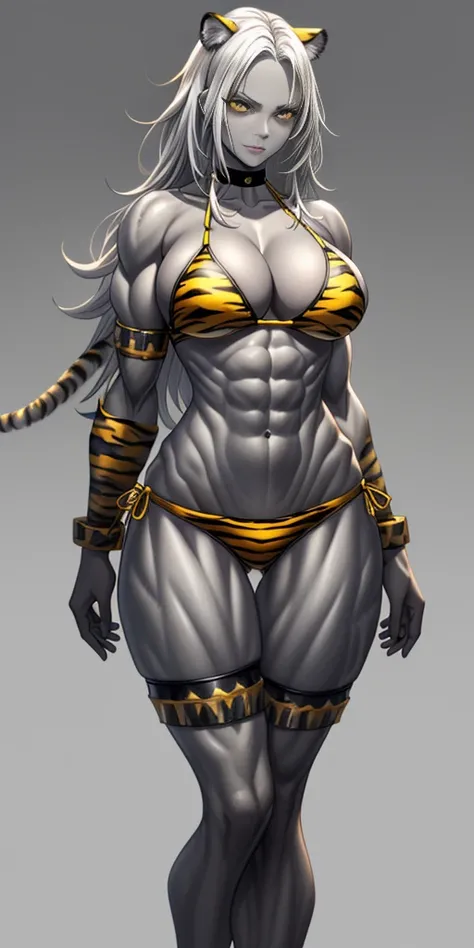 perfect hair, perfect body, looking at the viewer, standing, posing, mature female, very grey skin, muscular body, female oni, big breast, black chocker, slave chains, (((grey skin))), (detailed yellow bikini with tiger dots)