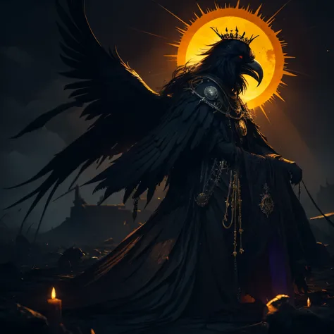 All Hail the Raven King, Large Golden crown, Sun behind head, Sun Halo, creature of the abyss, large, demonic, raven feather cloak, monster, creepy, cosmic horror, inhuman, great old one, swarm of ravens, priestesses kneeling around, religious