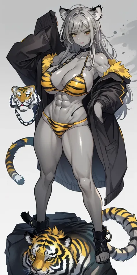 perfect hair, perfect body, looking at the viewer, standing, posing, mature female, very grey skin, muscular body, female oni, big breast, black chocker, slave chains, (((grey skin))), (detailed yellow bikini with tiger dots)