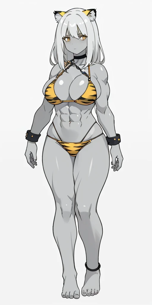 full body barefoot, perfect hair, perfect body, looking at the viewer, standing, posing, mature female, very grey skin, muscular body, female oni, big breast, black chocker, slave chains, (((grey skin))), (detailed yellow bikini with tiger dots)