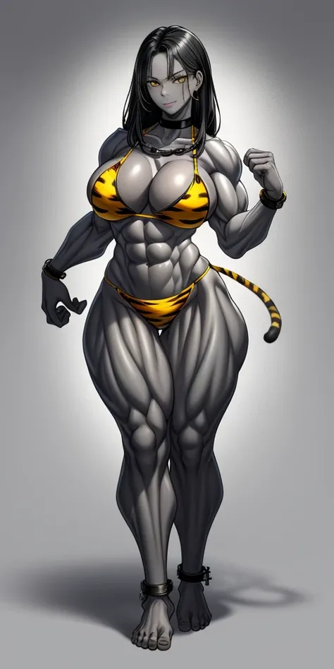 full body barefoot, perfect hair, perfect body, looking at the viewer, standing, posing, mature female, very grey skin, muscular body, female oni, big breast, black chocker, slave chains, (((grey skin))), (detailed yellow bikini with tiger dots)