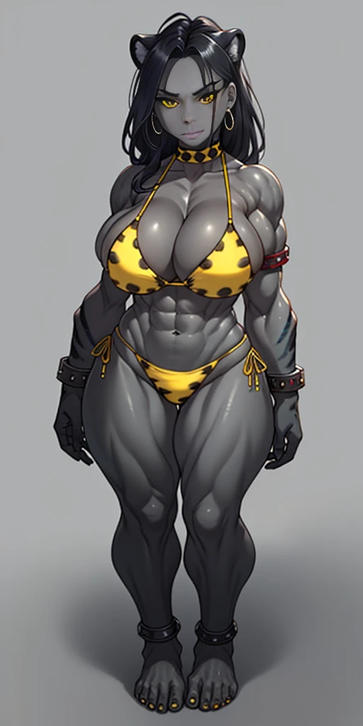 full body barefoot, perfect hair, perfect body, looking at the viewer, standing, posing, mature female, very grey skin, muscular body, female oni, big breast, black chocker, slave chains, (((grey skin))), (detailed yellow bikini with tiger dots)