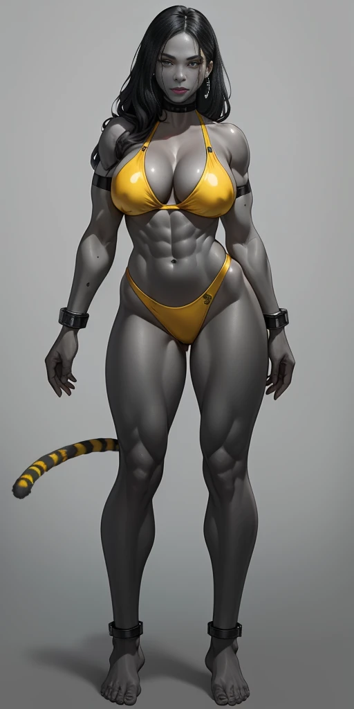 full body barefoot, perfect hair, perfect body, looking at the viewer, standing, posing, mature female, very grey skin, muscular body, female oni, big breast, black chocker, slave chains, (((grey skin))), (detailed yellow bikini with tiger dots)