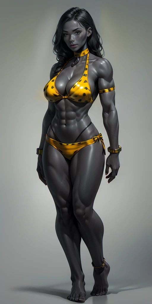 full body barefoot, perfect hair, perfect body, looking at the viewer, standing, posing, mature female, very grey skin, muscular body, female oni, big breast, black chocker, slave chains, (((grey skin))), (detailed yellow bikini with tiger dots)