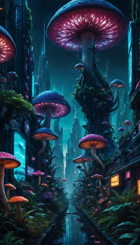 (best quality,4k,8k,highres,masterpiece:1.2),ultra-detailed,(realistic,photorealistic,photo-realistic:1.37),futuristic cyberpop style city with towering skyscrapers and neon lights, exotic bioluminescent mushroom forest with vibrant colors, rare and unique...