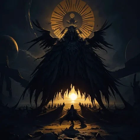 All Hail the Raven King, Large Golden crown, Sun behind head, Sun Halo, creature of the abyss, large, demonic, raven feather cloak, monster, creepy, cosmic horror, inhuman, great old one, swarm of ravens, priestesses kneeling around, religious