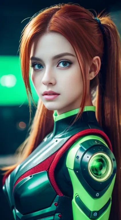 hightquality、8K,A half body、poneyTail、Young redhead、cyberpunked、mechanical suit、Green eyes、(Cinematic aesthetics:1.4)