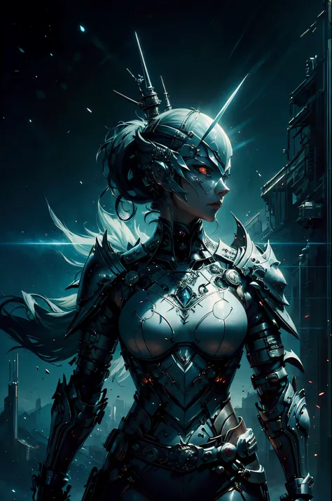 Woman with sword and armor on dark background, cyberpunk art by Yang J, cg society contest winner, Fantasy Art, karol bak uhd, 4K highly detailed digital art, 2. 5 d cgi anime fantasy artwork, anime fantasy artwork, Perfect Anime Cyborg Woman, Detailed Dig...