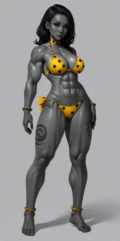 full body barefoot, perfect hair, perfect body, looking at the viewer, standing, posing, mature female, very grey skin, muscular body, female oni, big breast, black chocker, slave chains, (((grey skin))), (detailed yellow bikini with tiger dots)