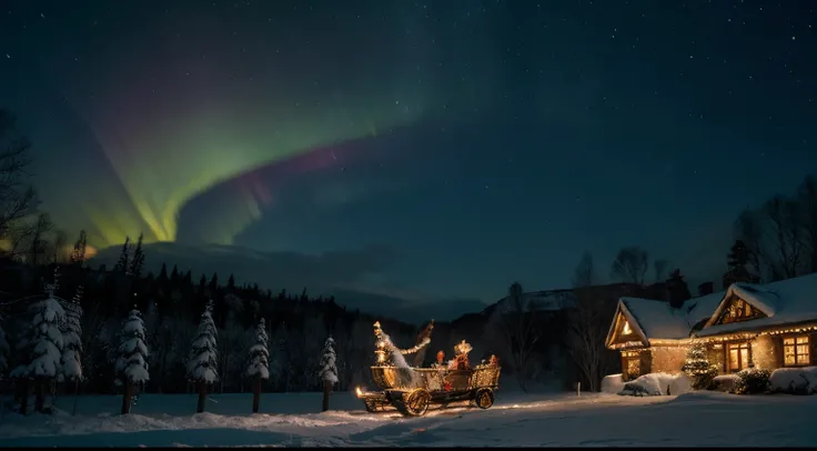 Immerse yourself in the enchantment of a midwinters night, where the crisp air sparkles with the promise of magic. Against the backdrop of a star-studded sky, Santa Claus takes flight on his sleigh, guided by the radiant glow of the Northern Lights.

Pictu...