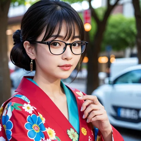 Best-quality, Masterpiece, Ultra-High-Resolution, (Photorealistic:1.4), Raw-Photo, Extremely-Details, Perfect-Anatomy, 1girl, 30-years-old, the most popular Japanese actress, wearing gorgeous colorful Japanese KIMONO, put on glasses with cool design, detai...