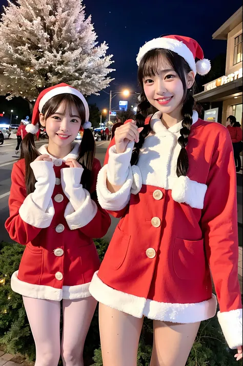 girls standing in snowing white Christmas street at night,snowy,long-sleeved red santa claus flare dress,santa claus hat,white leggings,Christmas tree,18-year-old,bangs,a little smile,thighs,crotch,knees,pigtails