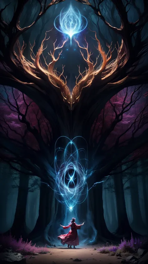 a powerful wizard, standing in a mystical forest. their flowing robes adorned with symbols, arms outstretched, eyes sparkling wi...