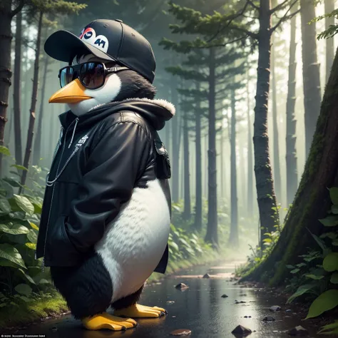 Create a vibrant dark fantasy cute penguin in a baseball cap and sunglasses minimalistic cartoon style, in the background a beautiful forest, rain, octane render, 8k