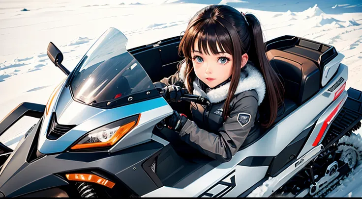 Snowmobiling Anime Girl with blue-grey eyes, dark brown hair