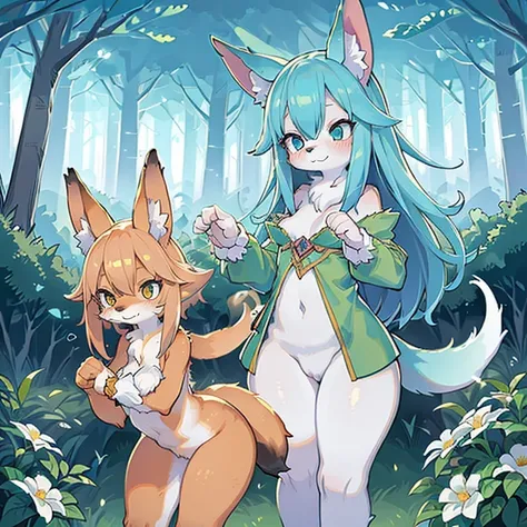 (furry art,fox girl),vibrant colors,expressive eyes,fluffy tail,detailed fur,textured background,playful pose,whimsical atmosphere,beautiful flowers,dainty ears,painted style,soft lighting,magical aura,enchanted forest,graceful movement,pop art influences,...