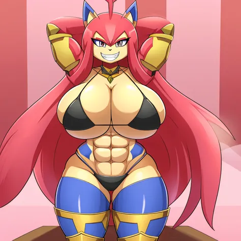 by Tansau, (muscular), (abs), (short), (amazon), (big breasts), (thick thighs), (wide hips), furry, anthro, grin, long hair, grinning, illustration, best quality, fighting stage, bimbo, warrior, bikini armor, pokemon, Tinkaton