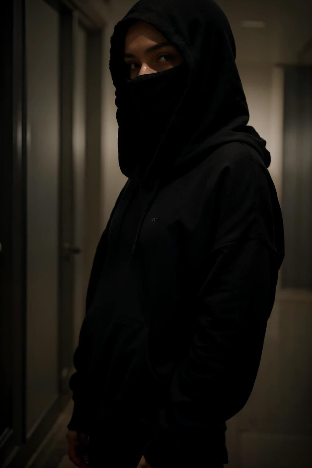 Make a character with a black hooded sweater, somewhat mysterious in a low-light environment.