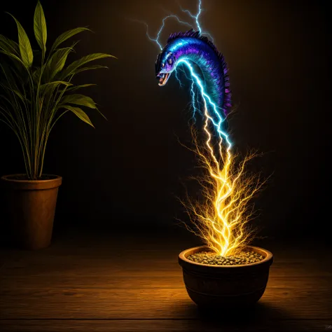 (best quality,4k,8k,highres,masterpiece:1.2),ultra-detailed,(realistic,photorealistic,photo-realistic:1.37),fantastical, vibrant colors,dynamic lighting,electrifying atmosphere,blue eel-headed flower,plant in pot,bolts of lightning,illumination,table setti...