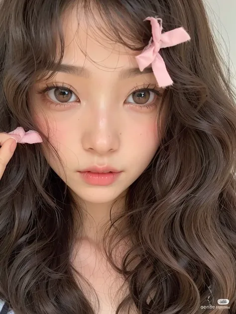 un primer plano de una mujer con cabello largo y un lazo rosa, Sakimichan, ulzzang, Ojos grandes y cabello largo y suelto, con cabello largo y ojos penetrantes, Hermosa Delphine, brown hair and large eyes, Dreamy eyes, doll face, Fairycore, Chiho, Shikamim...