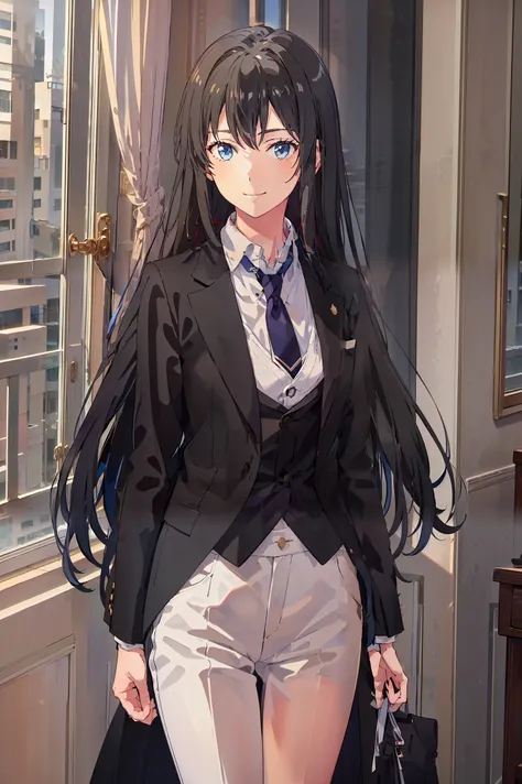 yukinoshita yukino ,woman in formal attractive tailcoat standing in a large alcove in the room , 1girl, solo, blue necktie, blac...