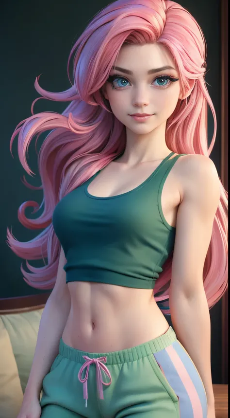 ((best quality)), ((highly detailed)), masterpiece, (detailed eyes, deep eyes), (1girl), dynamic angle, cowboy shot, mlpfluttershy, pink hair, hair ornament, blue eyes, green tank top, green sweat pants, slight smile (beautiful living room, afternoon)